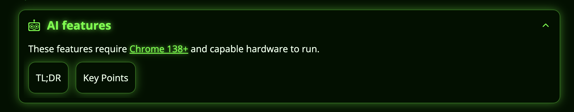 The AI features box as it appears on supported browsers