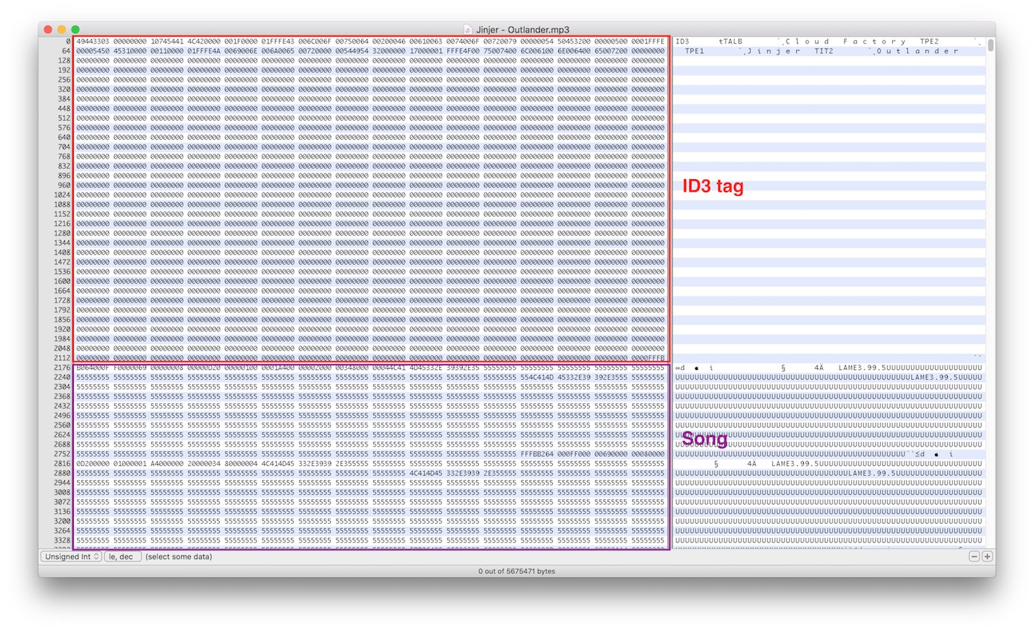 An ID3 tag example shown with an hex editor