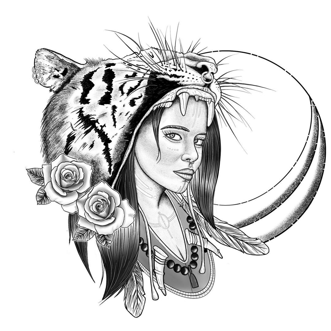 Woman with a tiger headdress, tattoo style 🐯🌙