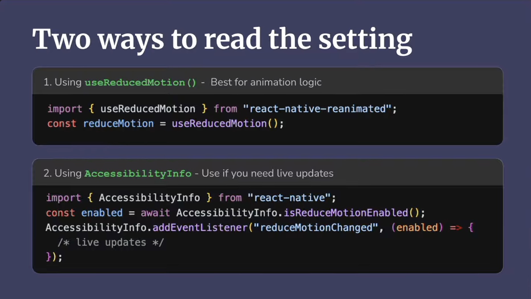 React native accessibility reduce motion API