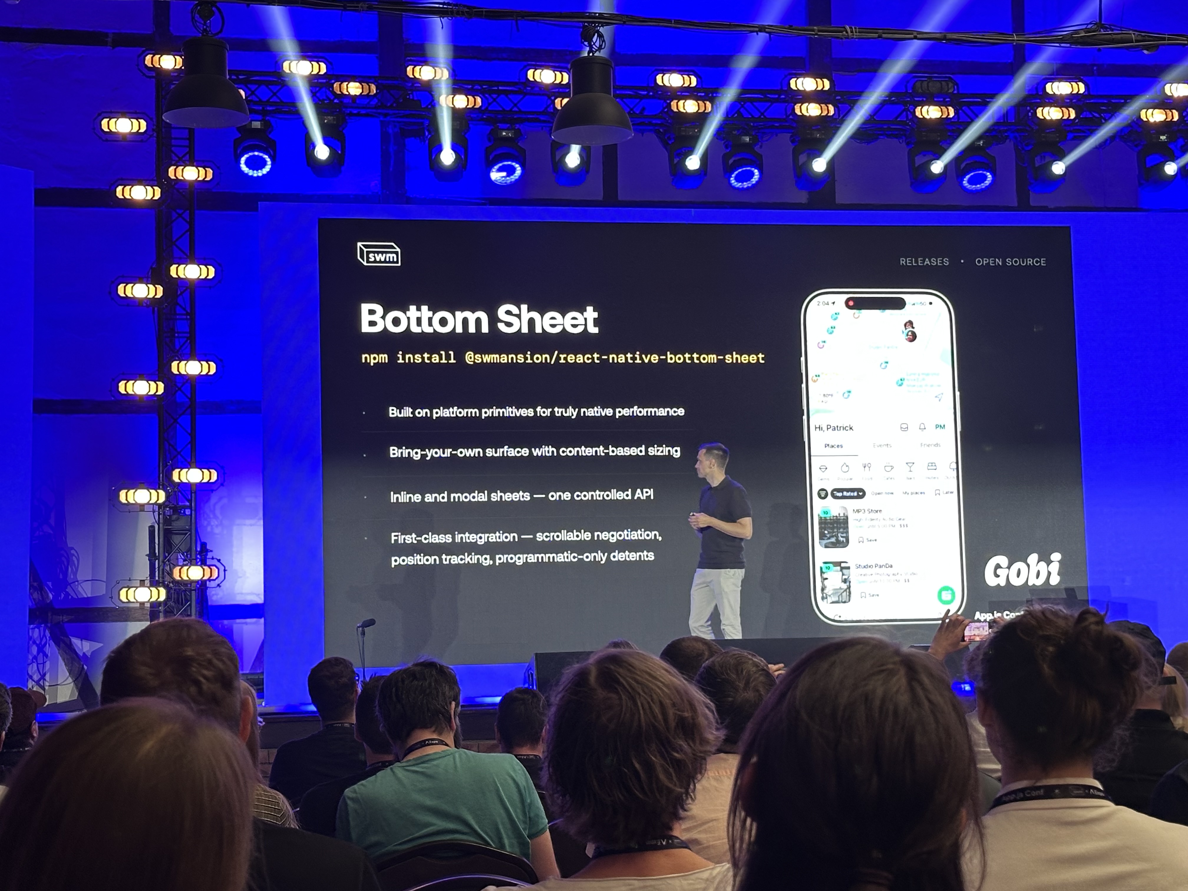 The new @swmansion/bottom-sheet, built on native primitives Software Mansion Bottom Sheet on stage at App.js Conf 2026