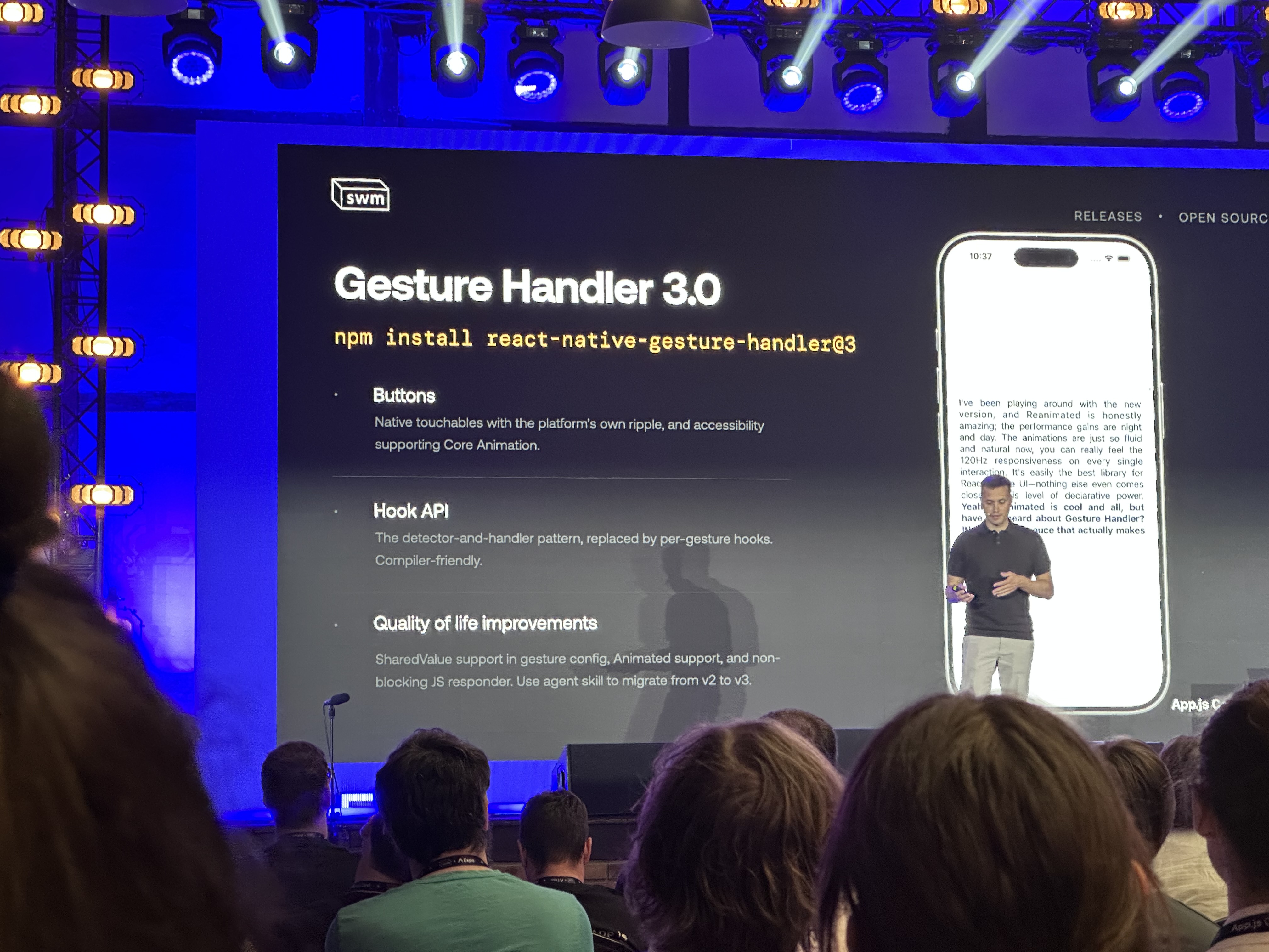 Gesture Handler 3.0: hook API, native touchables, and quality-of-life improvements Gesture Handler 3.0 on stage at App.js Conf 2026
