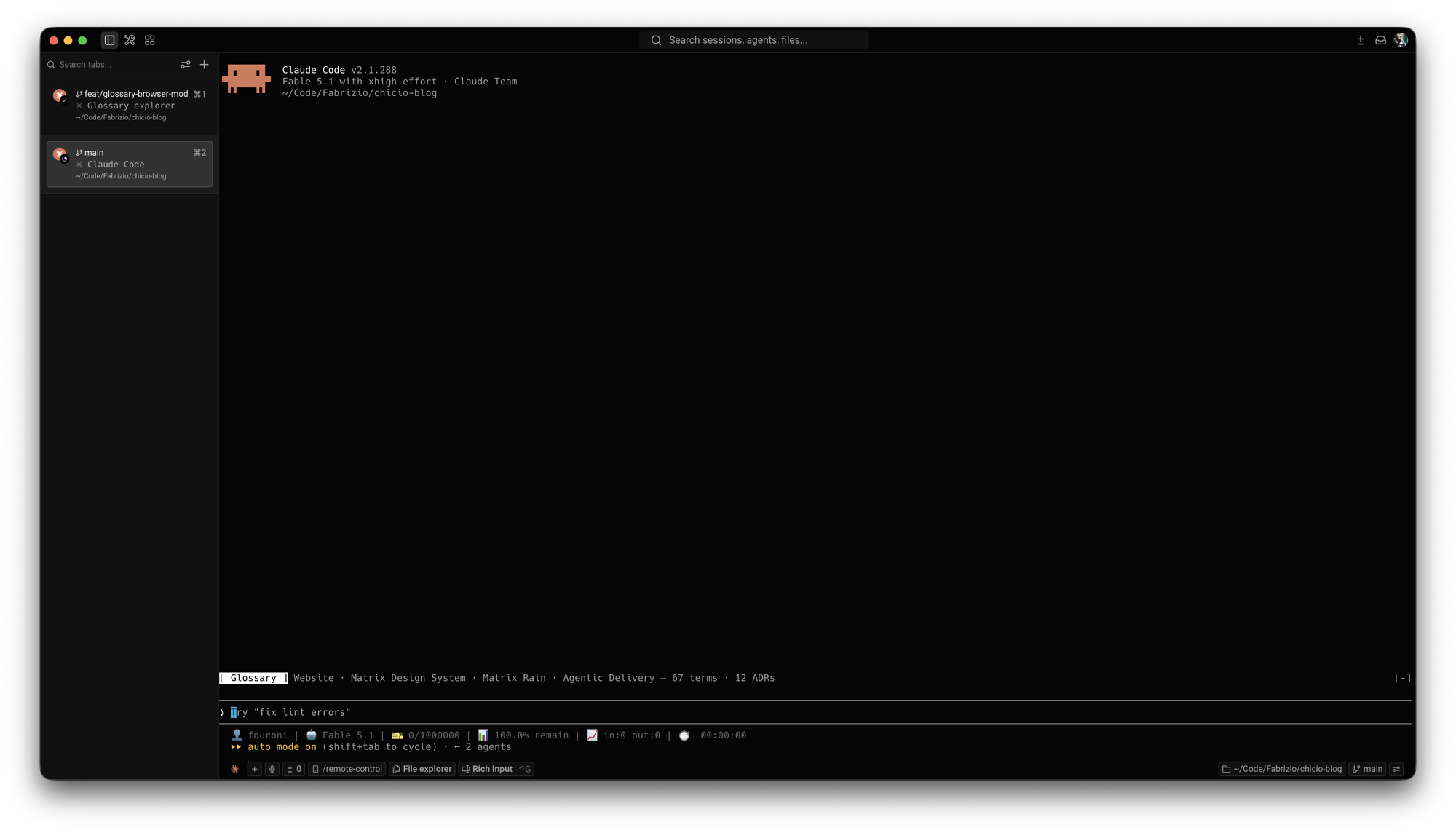 The Glossary Browser band above the prompt, listing the four contexts with 67 terms and 12 ADRs