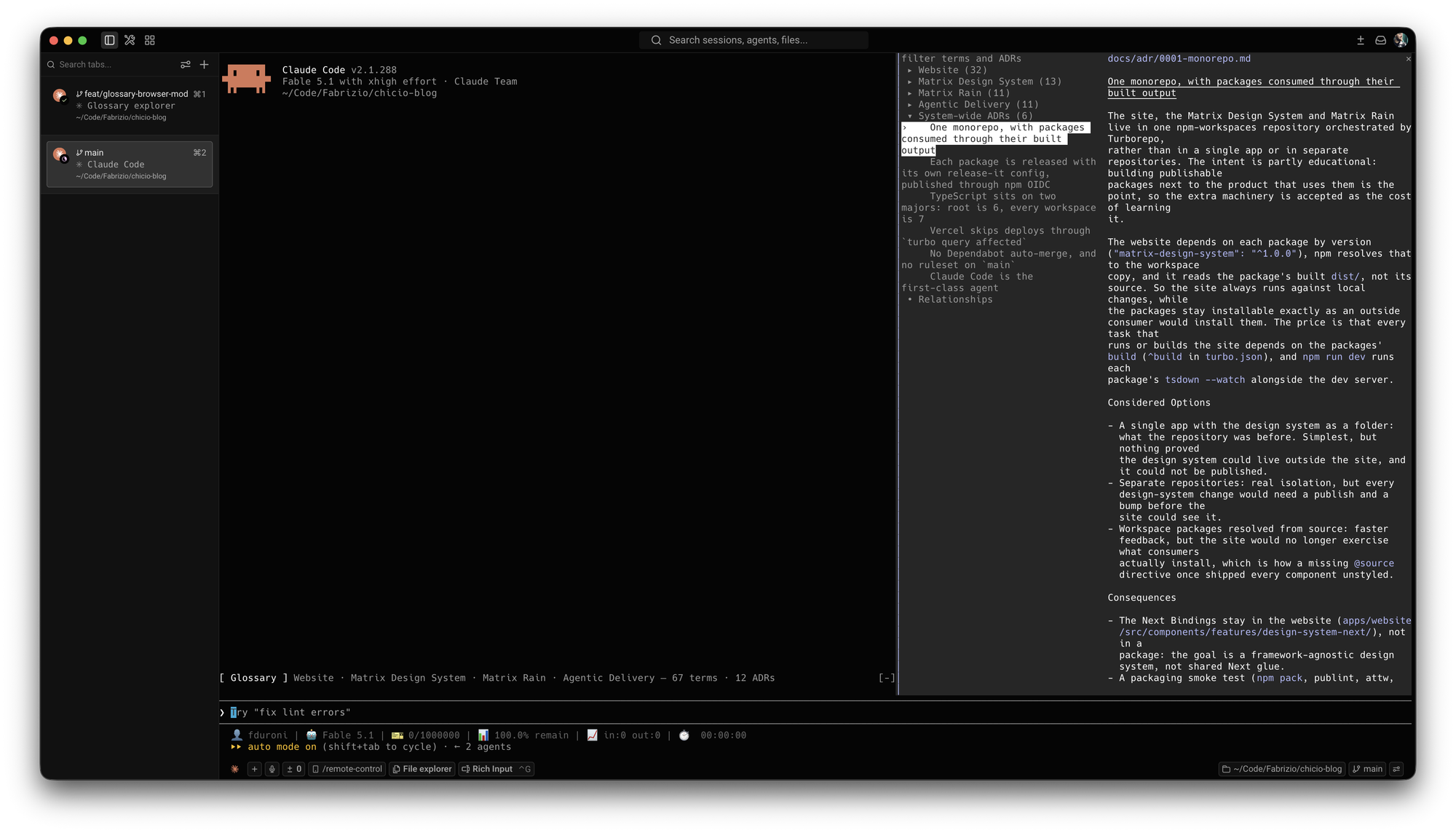 The Glossary Browser pane open on the system-wide ADR "One monorepo, with packages consumed through their built output", rendered as Markdown