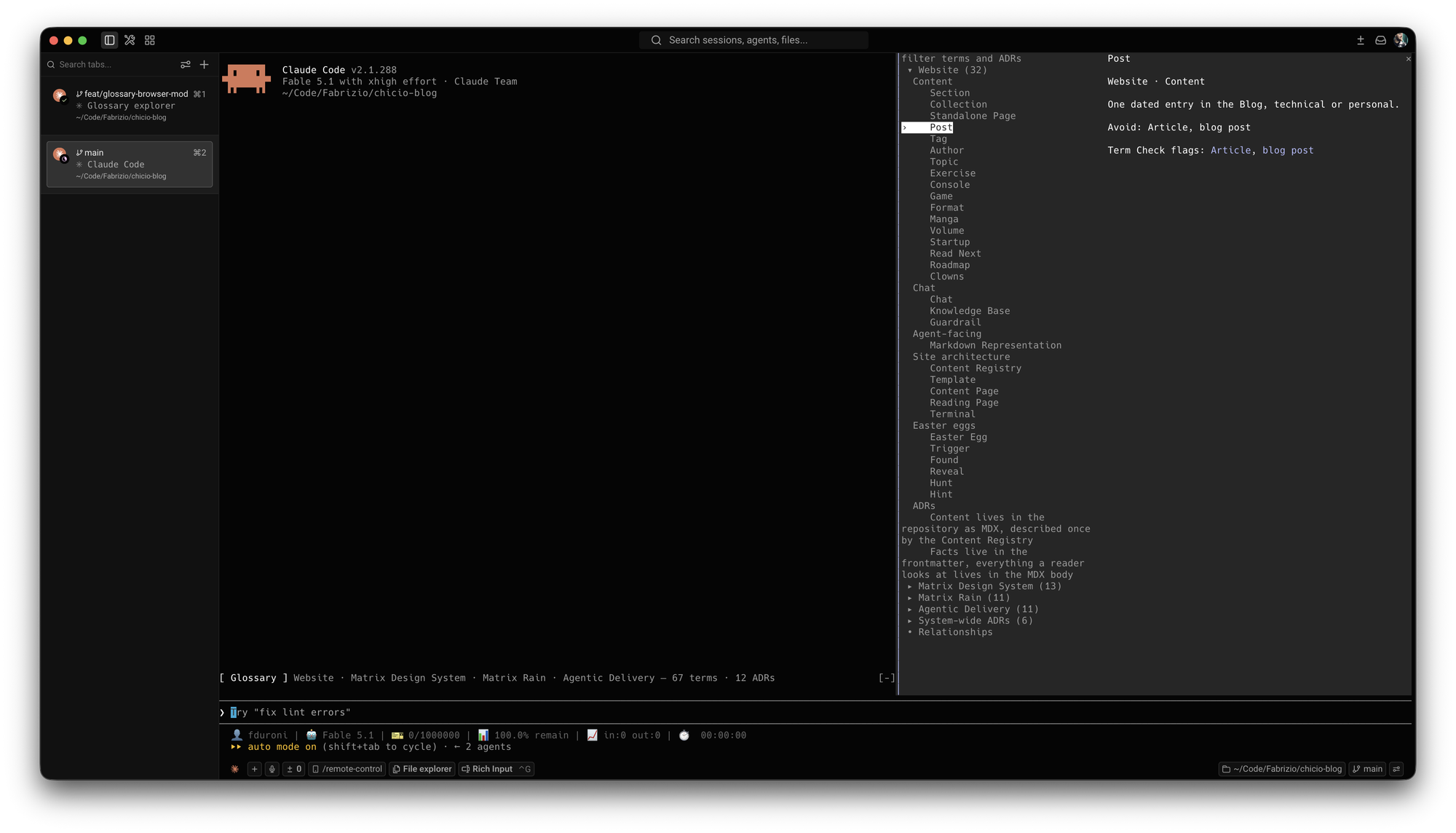 The Glossary Browser pane open on the Post term, with its definition, Avoid entry, and Term Check flags