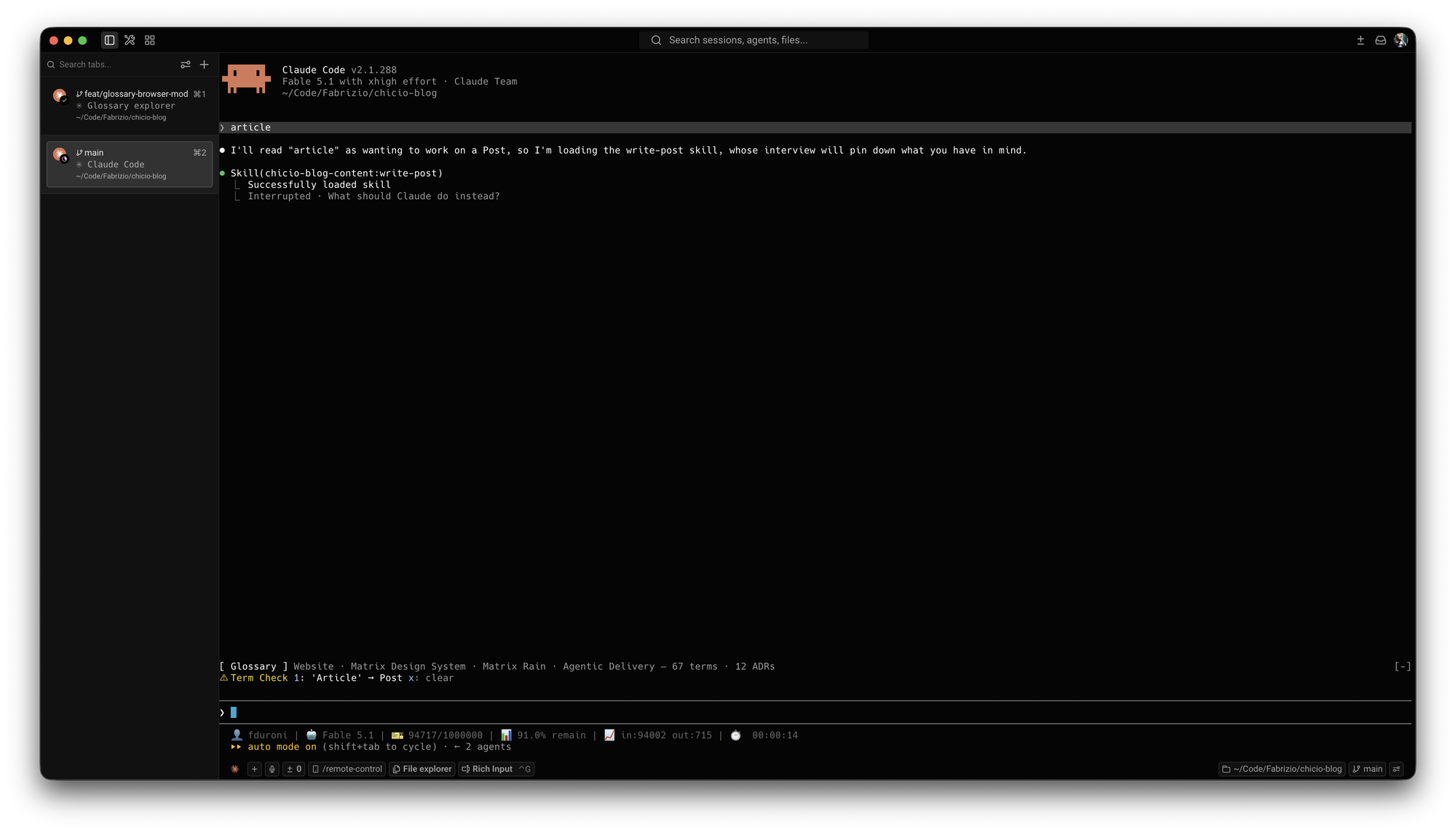 After the prompt "article", the band above the prompt shows the Term Check flag 'Article' mapped to Post, with a clear button