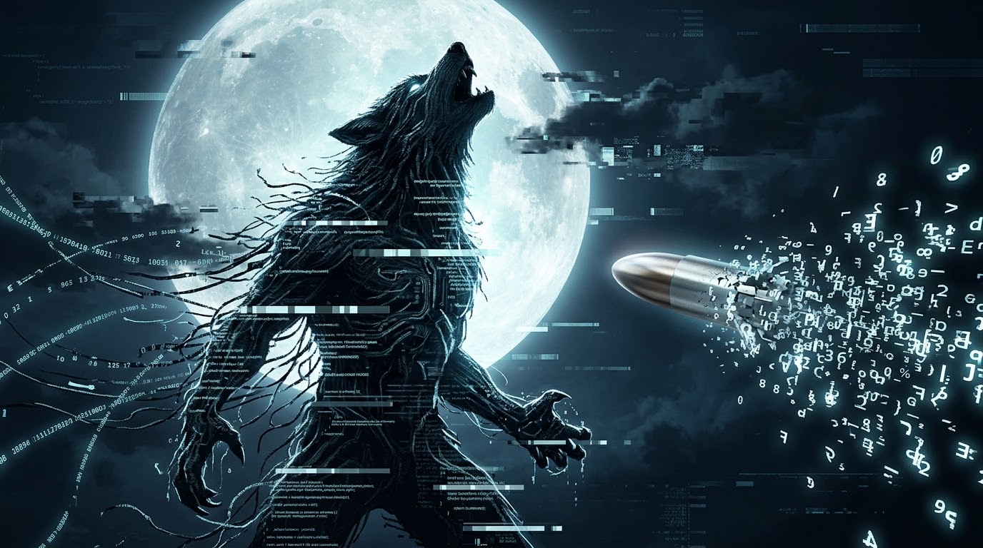 A werewolf made of tangled code howling at the moon, with a silver bullet dissolving into glyphs