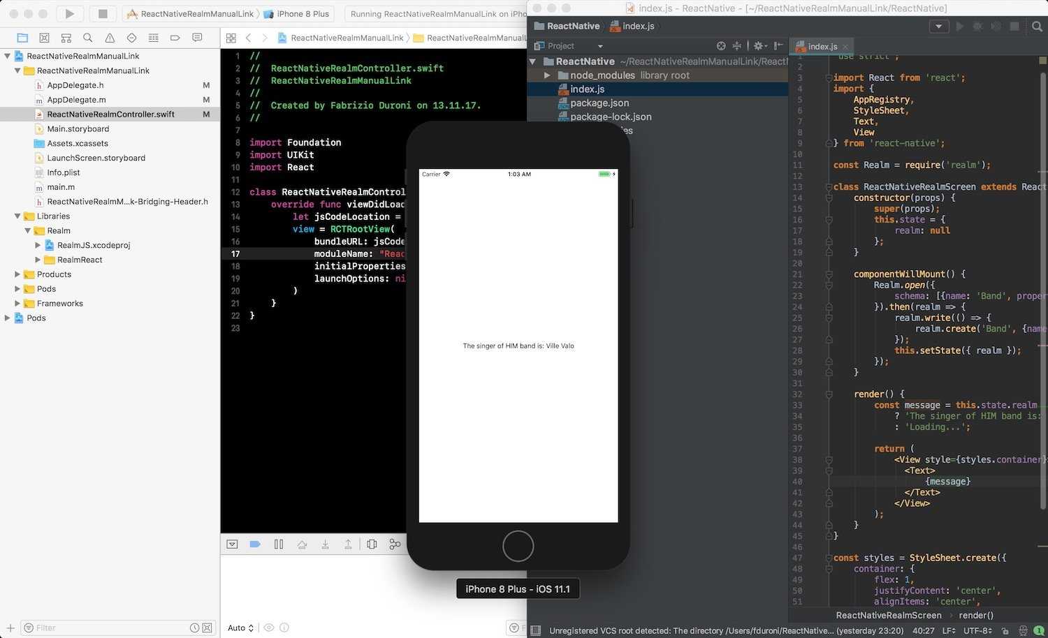 React Native and Realm: custom manual link for an iOS app with custom directory structure